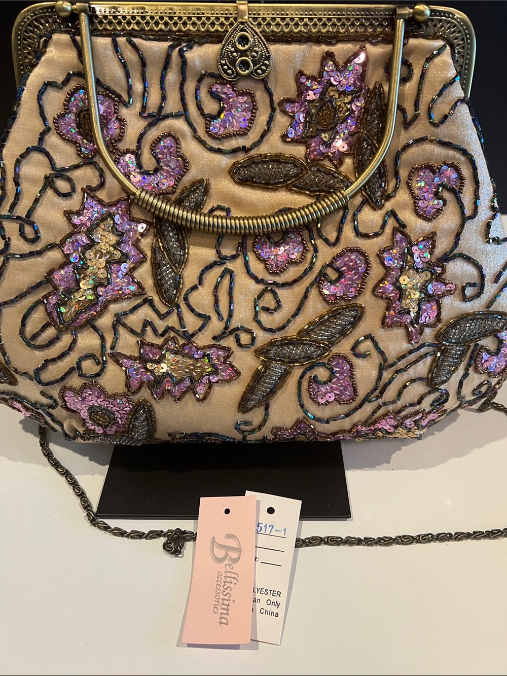 Beaded Soft Gold Floral Evening Clutch with Gold Frame - Picture 6 of 6